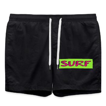SURFING. FISH. BEACH. SEA. OCEAN. HUMOR. HOLIDAY - Swim Trunks - black - Front - AI Model Male 185 light (185cm)