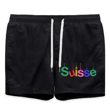 SWITZERLAND. COUNTRY. GENEVA. HUMOR. FLAG - Swim Trunks - black - Front - AI Model Male 185 light (185cm)