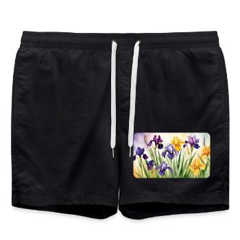 Romantic Irises - Watercolors - Swim Trunks - black - Front - AI Model Male 185 light (185cm)