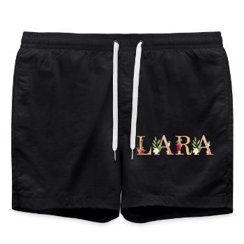 LARA Namenskunst mit gestickten Blumen - Badeshorts - Schwarz - Vorne - AI Model Male 185 light (185cm)