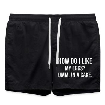 how do I like my eggs um In a cake funny shirt - Swim Trunks - black - Front - AI Model Male 185 light (185cm)
