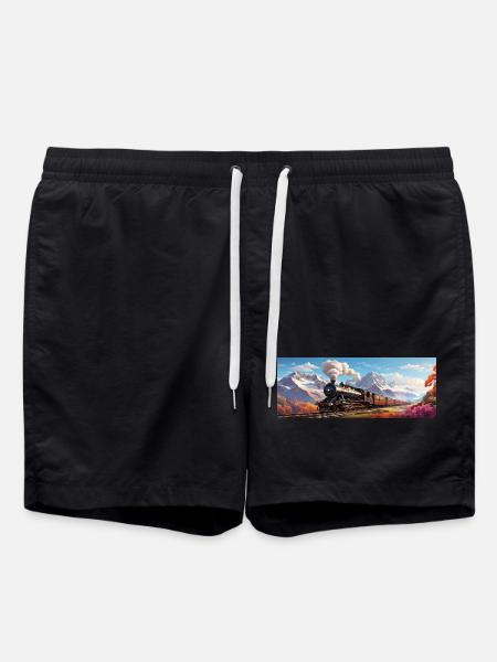 Nostalgic Railway Train with Steam Locomotive - Swim Trunks - black