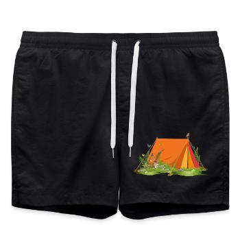 Retro-Zelt in Waldlandschaft mit Tieren & Pflanzen - Badeshorts - Schwarz - Vorne - AI Model Male 185 light (185cm)