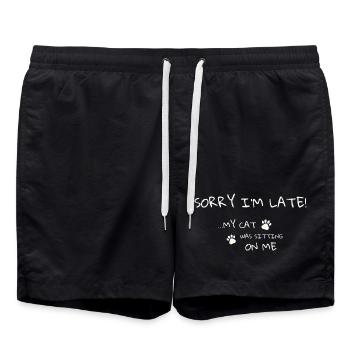 Cat Humor Tee - Sorry I’m Late - Swim Trunks - black - Front - AI Model Male 185 light (185cm)