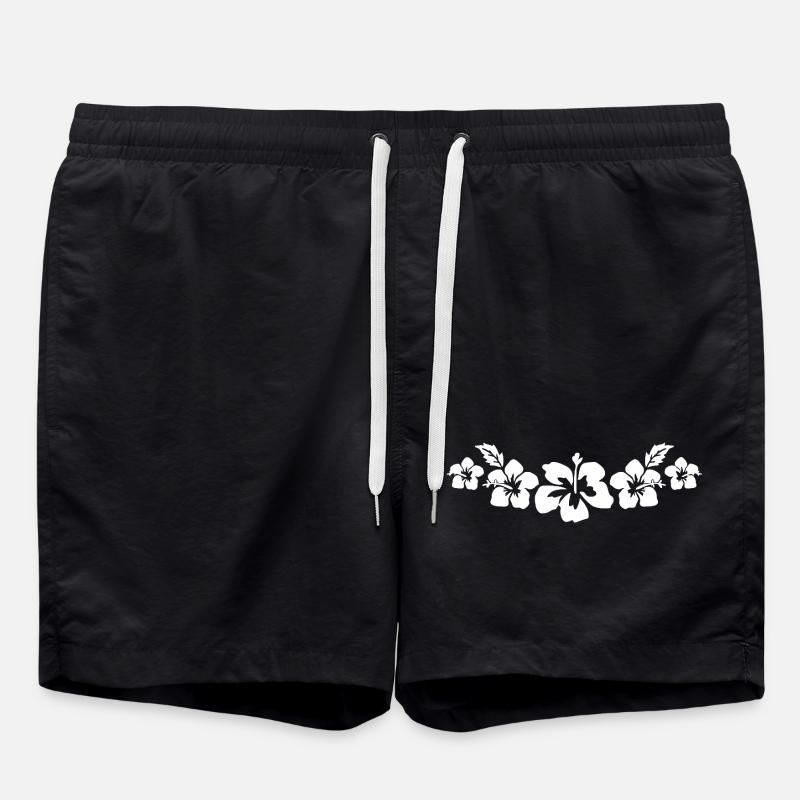 Tropical Hibiscus Floral Pattern - Swim Trunks - black