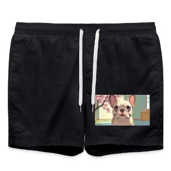 Cute Bulldog in Animated Style - Swim Trunks - black - Front - AI Model Male 185 light (185cm)