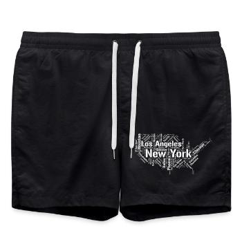 United States city typography layout map  - Swim Trunks - black - Front - AI Model Male 185 light (185cm)