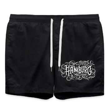 Hamburg heavy metal headbanger typography - Swim Trunks - black - Front - AI Model Male 185 light (185cm)