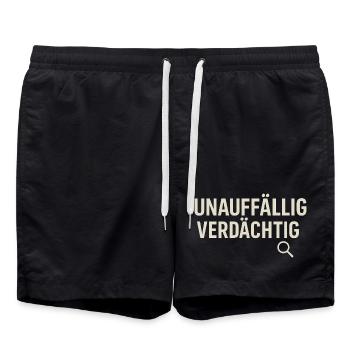 Unauffällig Verdächtig – Lustiges True-Crime Shirt - Badeshorts - Schwarz - Vorne - AI Model Male 185 light (185cm)