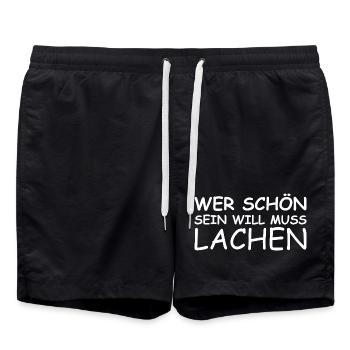 Nice saying: If you want to be beautiful, you have to laugh! - Swim Trunks - black - Front - AI Model Male 185 light (185cm)