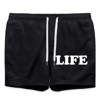 That says Life The Word Life - Badeshorts - Schwarz - Vorne - AI Model Male 185 light (185cm)