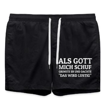 Als Gott Mich Schuf Grinste Er, Witziges Spruch  - Badeshorts - Schwarz - Vorne - AI Model Male 185 light (185cm)