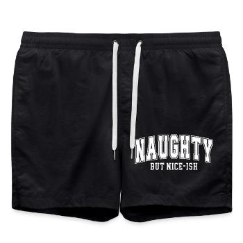 Naughty but Nice-ish – Retro Lettering - Swim Trunks - black - Front - AI Model Male 185 light (185cm)