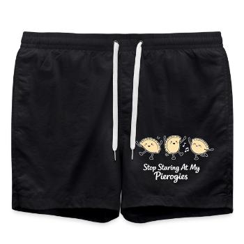 Stop Staring At My Pierogies – Dancing Dumpling - Swim Trunks - black - Front - AI Model Male 185 light (185cm)