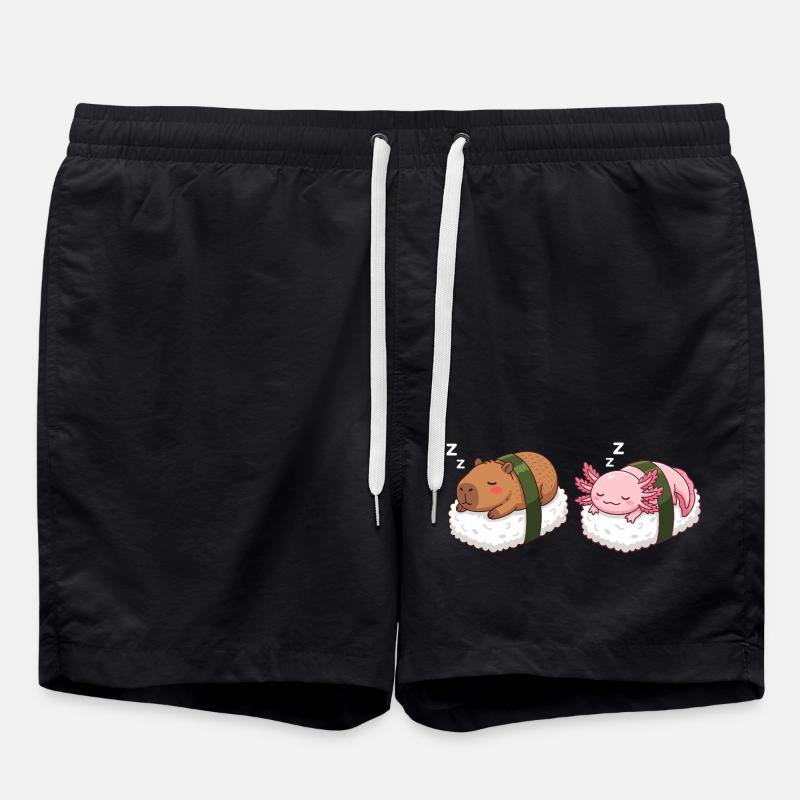 Kawaii Sushi Capybara & Axolotl Cute Sleeping - Swim Trunks - black