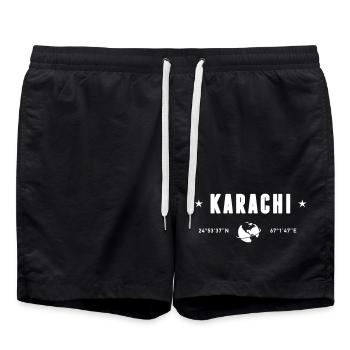 Karachi Pakistan Coordinates Planet Earth White - Swim Trunks - black - Front - AI Model Male 185 light (185cm)