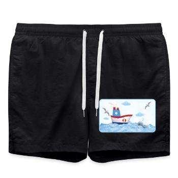 Small coastal boat by the sea with whale - Swim Trunks - black - Front - AI Model Male 185 light (185cm)