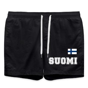 FINNLAND - SUOMI Trikot Look - Flagge auf Brust - Badeshorts - Schwarz - Vorne - AI Model Male 185 light (185cm)