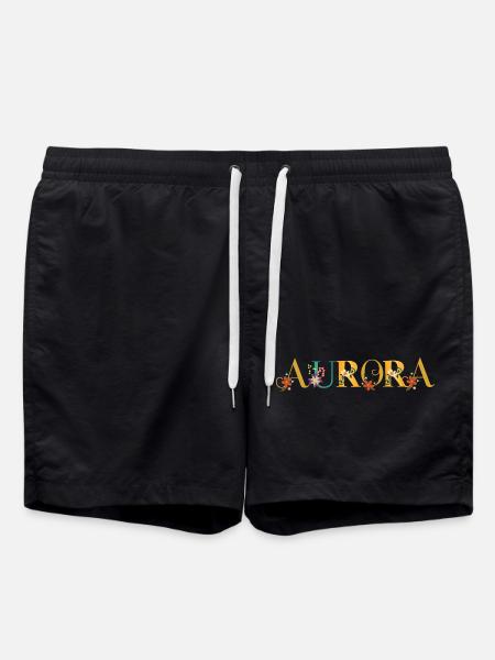 AURORA Name Art With Flowers Embroidered - Swim Trunks - black