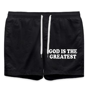 god is the greatest - Swim Trunks - black - Front - AI Model Male 185 light (185cm)