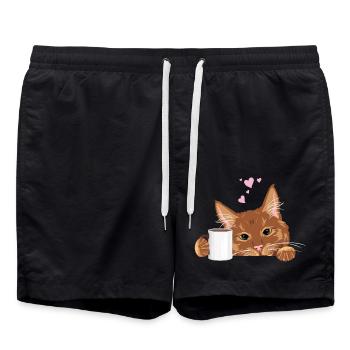 Peeking cute ginger cat with coffee mug - Swim Trunks - black - Front - AI Model Male 185 light (185cm)