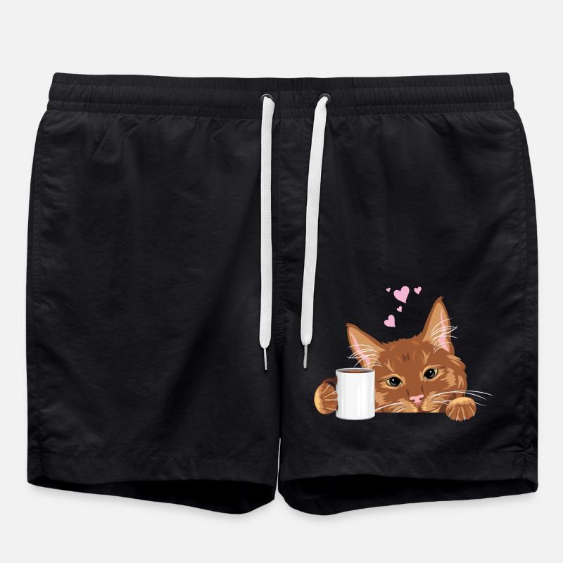 Spähende süße Ingwerkatze mit Kaffeetasse - Badeshorts - Schwarz