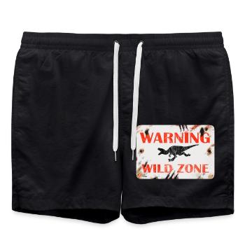 Schild Design - WARNING. WILD ZONE. - Badeshorts - Schwarz - Vorne - AI Model Male 185 light (185cm)