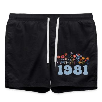 1981 Floral Pattern 1981 Floral Theme Flowers 1981 - Swim Trunks - black - Front - AI Model Male 185 light (185cm)