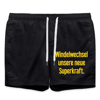 Windelwechsel – unsere neue Superkraft - Badeshorts - Schwarz - Vorne - AI Model Male 185 light (185cm)