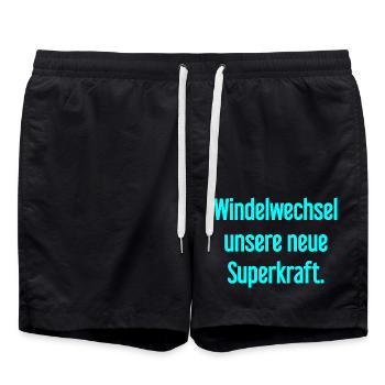 Windelwechsel – unsere neue Superkraft - Badeshorts - Schwarz - Vorne - AI Model Male 185 light (185cm)