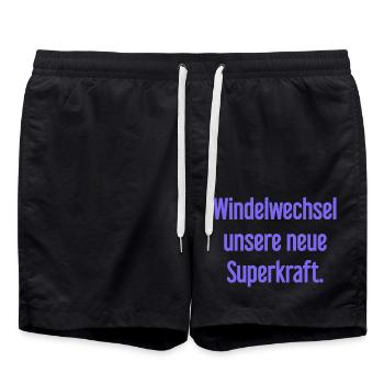 Windelwechsel – unsere neue Superkraft - Badeshorts - Schwarz - Vorne - AI Model Male 185 light (185cm)