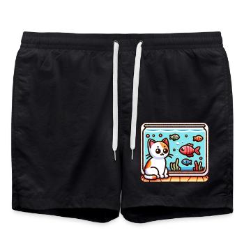 Cute Kitty looking at Fish in Aquarium - Swim Trunks - black - Front - AI Model Male 185 light (185cm)