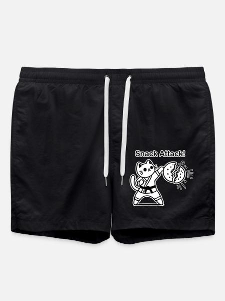 Karate Cat punching a cookie - Snack Attack Design - Swim Trunks - black