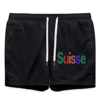 SCHWEIZ. HUMOR. LAND. FLAGGE. GENF. LAUSANNE - Badeshorts - Schwarz - Vorne - AI Model Male 185 light (185cm)