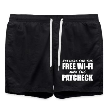 Ich bin wegen des kostenlosen WLANs und des Gehaltsschecks hier - Badeshorts - Schwarz - Vorne - AI Model Male 185 light (185cm)