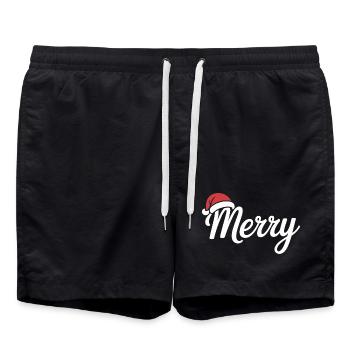 Frohe Weihnachten Skript mit Weihnachtsmütze - Badeshorts - Schwarz - Vorne - AI Model Male 185 light (185cm)