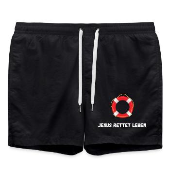 Jesus Saves Lives - Lifebuoy - Faithshirt - Swim Trunks - black - Front - AI Model Male 185 light (185cm)