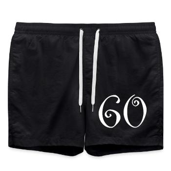 60. 60 JAHRE. 60-JÄHRIGES JUBILÄUM. 60. GEBURTSTAG. - Badeshorts - Schwarz - Vorne - AI Model Male 185 light (185cm)