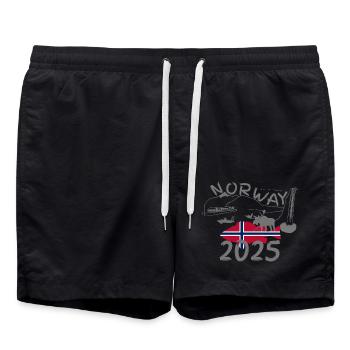 Norwegen 2025 Rotbarsch mit Bergen und Elch Angeln - Badeshorts - Schwarz - Vorne - AI Model Male 185 light (185cm)