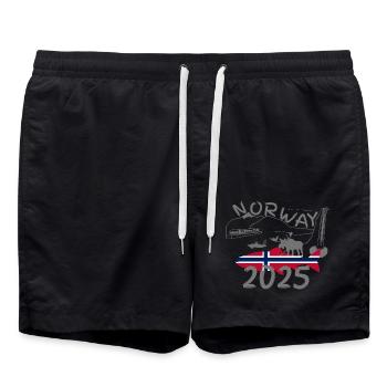 Norwegen 2025 Lachs mit Bergen und Elch Angeln - Badeshorts - Schwarz - Vorne - AI Model Male 185 light (185cm)