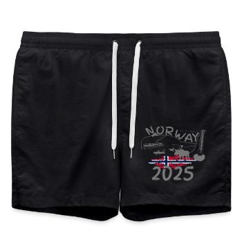 Norwegen 2025 Hering mit Bergen und Elch Angeln - Badeshorts - Schwarz - Vorne - AI Model Male 185 light (185cm)