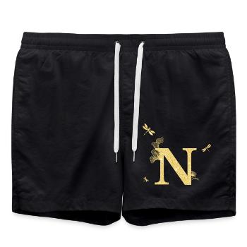 Buchstabe n Goldene Glitzerlibelle - Geschenkidee - Badeshorts - Schwarz - Vorne - AI Model Male 185 light (185cm)