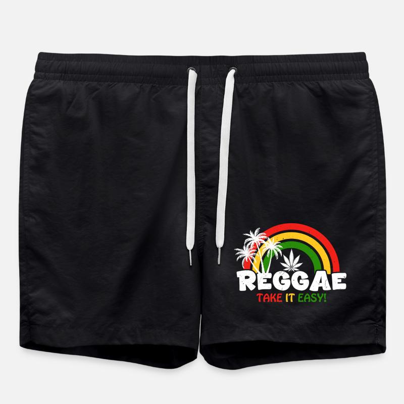 Reggae Vibe Rainbow with Cannabis Motif - Swim Trunks - black