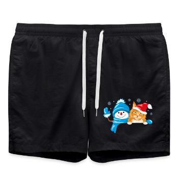 Peeking waving snowman and cute ginger cat - Swim Trunks - black - Front - AI Model Male 185 light (185cm)