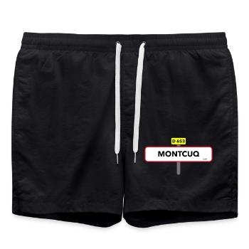 Montcuq t shirt road sign humor - Swim Trunks - black - Front - AI Model Male 185 light (185cm)