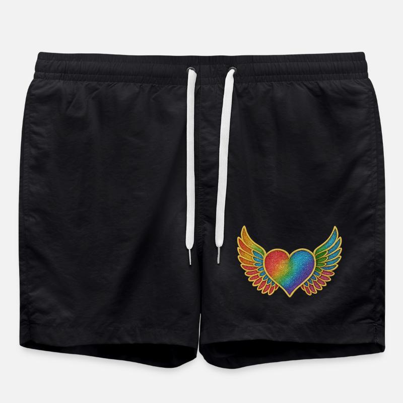 Rainbow Heart with Angel Wings Embroidery - Swim Trunks - black