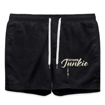 Abenteuerlicher Outdoor-Junkie Schriftzug - Badeshorts - Schwarz - Vorne - AI Model Male 185 light (185cm)
