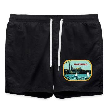 River Hamburg: Sailboat Illustration - Swim Trunks - black - Front - AI Model Male 185 light (185cm)