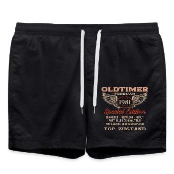 44. Geburtstag Oldtimer Februar 1981 Jahrgang 81 - Badeshorts - Schwarz - Vorne - AI Model Male 185 light (185cm)