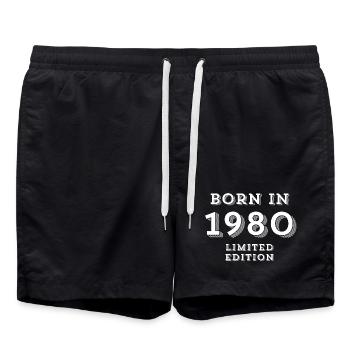 1980, Jahr 1980, 44 Jahre - Badeshorts - Schwarz - Vorne - AI Model Male 185 light (185cm)